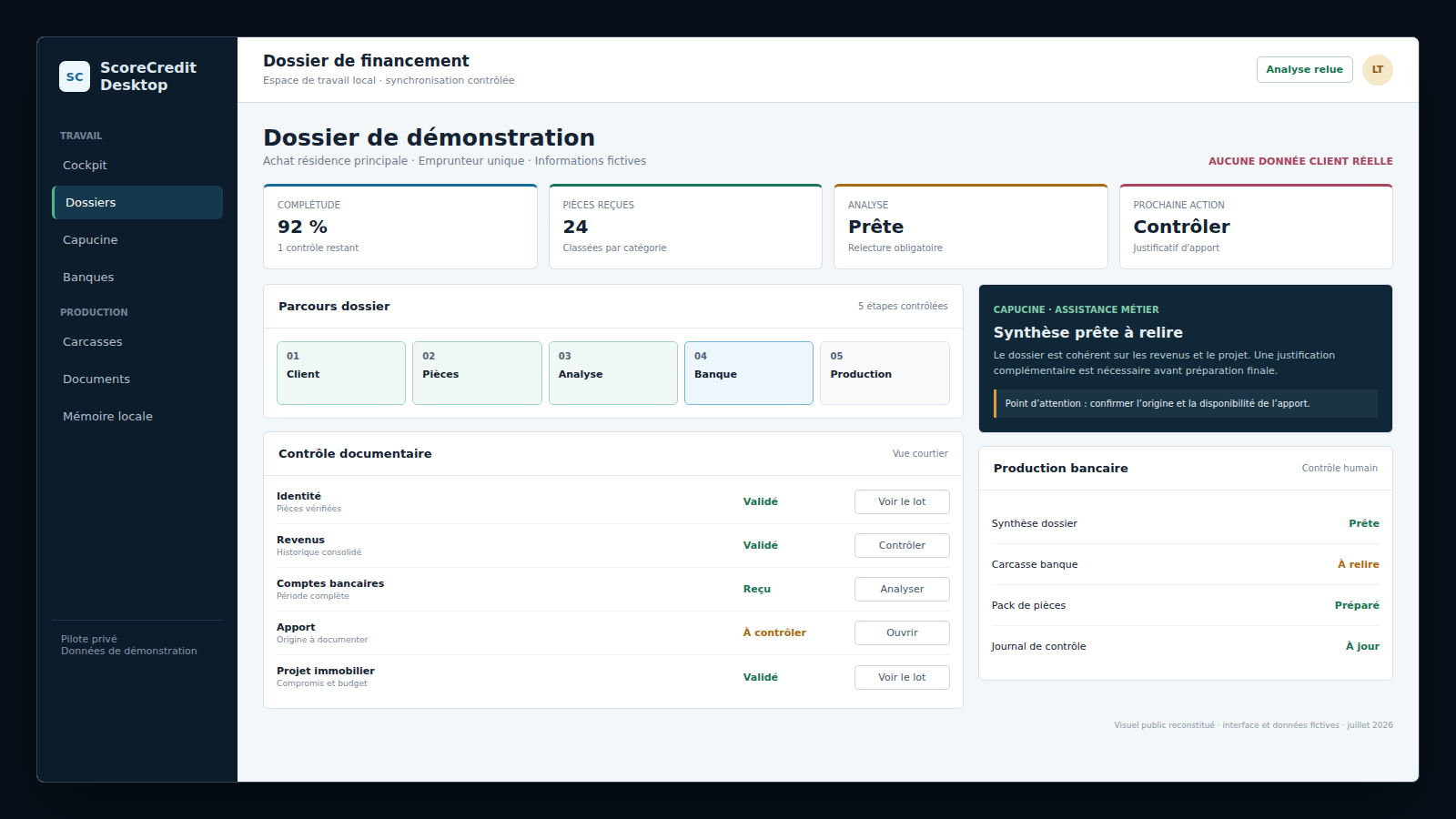 Aperçu fictif du cockpit ScoreCredit Desktop présentant un dossier, ses pièces et les actions de contrôle